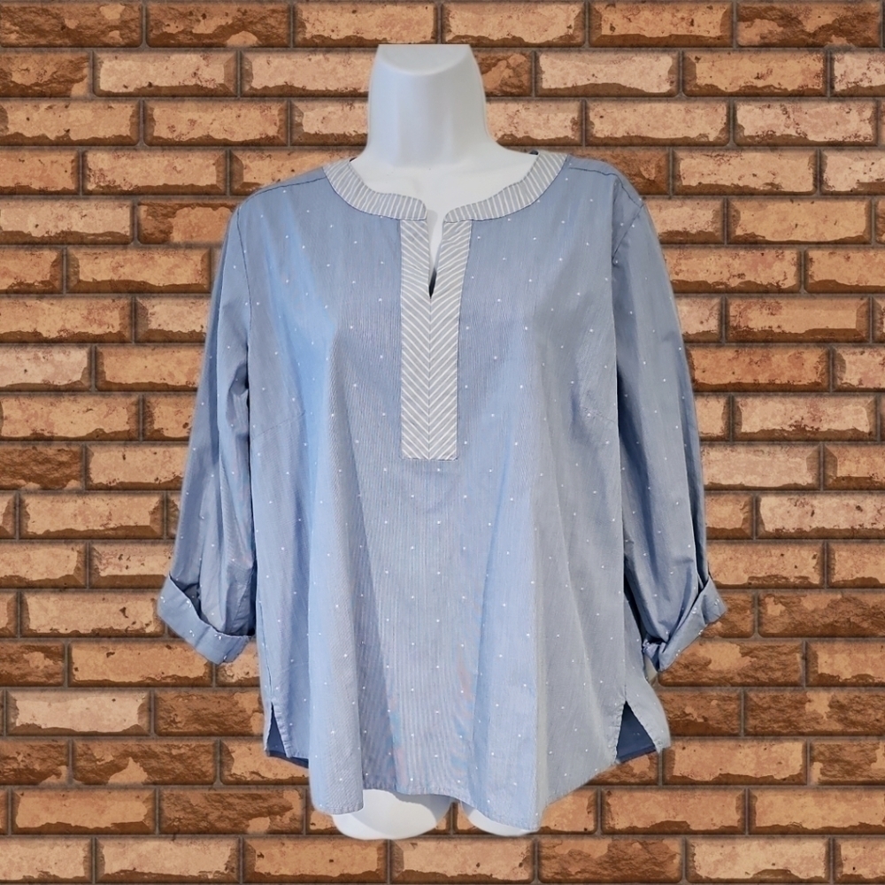 Van HEUSEN 3/4 sleeve V neck chambray casual summer tunic shirt top Sz L